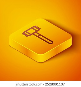 Isometric line Kitchen hammer icon isolated on orange background. Meat hammer. Yellow square button. Vector
