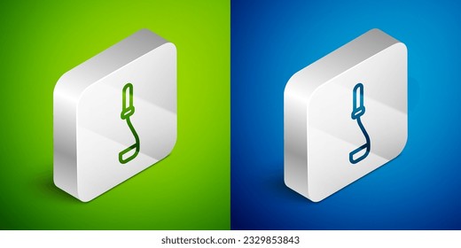 Isometric line Kitchen ladle icon isolated on green and blue background. Cooking utensil. Cutlery spoon sign. Silver square button. Vector