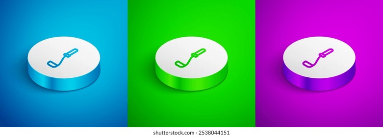 Isometric line Kitchen ladle icon isolated on blue, green and purple background. Cooking utensil. Cutlery spoon sign. White circle button. Vector