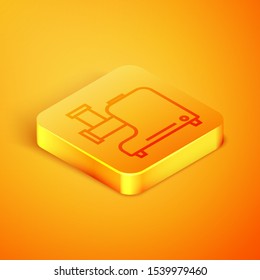 Isometric line Kitchen meat grinder icon isolated on orange background. Orange square button. Vector Illustration