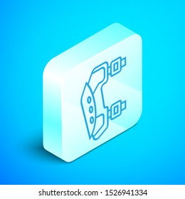 Isometric line Knee pads icon isolated on blue background. Extreme sport. Sport equipment. Skateboarding, bicycle, roller skating protective gear. Silver square button. Vector Illustration