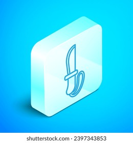Isometric line Knife icon isolated on blue background. Army knife. Silver square button. Vector