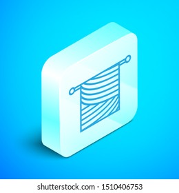 Isometric line Knitting icon isolated on blue background. Wool emblem with knitted fabric and needle. Label for hand made, knitting or tailor shop. Silver square button. Vector Illustration
