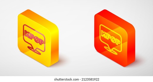 Isometric line K-pop icon isolated on grey background. Korean popular music style. Yellow and orange square button. Vector