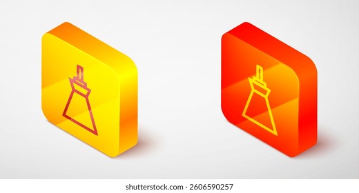 Isometric line Lamp hanging icon isolated on grey background. Ceiling lamp light bulb. Yellow and orange square button. Vector