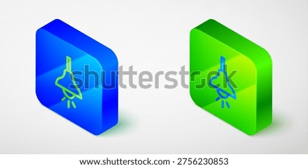 Isometric line Lamp hanging icon isolated on grey background. Ceiling lamp light bulb. Blue and green square button. Vector