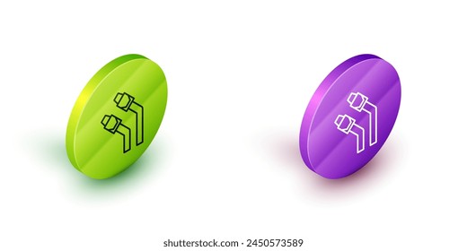 Isometric line LAN cable network internet icon isolated on white background. Green and purple circle buttons. Vector