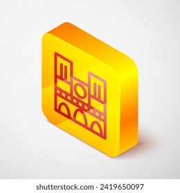 Isometric line Landmark of France Notre Dame de Paris icon isolated on grey background. Yellow square button. Vector