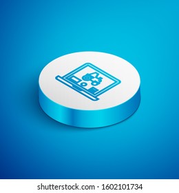 Isometric line Laptop application for control a autonomous tractor on a smart farm icon isolated on blue background. Smart agriculture implement. White circle button. Vector Illustration