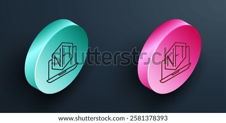 Isometric line Laptop with art store app icon isolated on black background. Technology of selling NFT tokens for cryptocurrency. Non fungible token concept. Turquoise and pink circle button. Vector