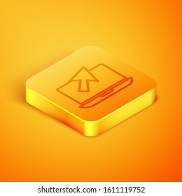 Isometric line Laptop and cursor icon isolated on orange background. Computer notebook with empty screen sign. Orange square button. Vector Illustration