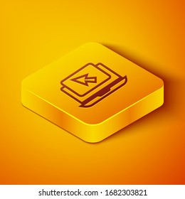 Isometric line Laptop and cursor icon isolated on orange background. Computer notebook with empty screen sign. Yellow square button. Vector Illustration