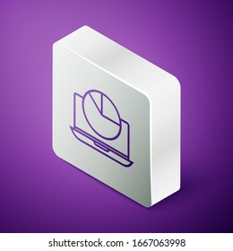 Isometric line Laptop with graph chart icon isolated on purple background. Report text file icon. Accounting sign. Audit, analysis, planning. Silver square button. Vector Illustration