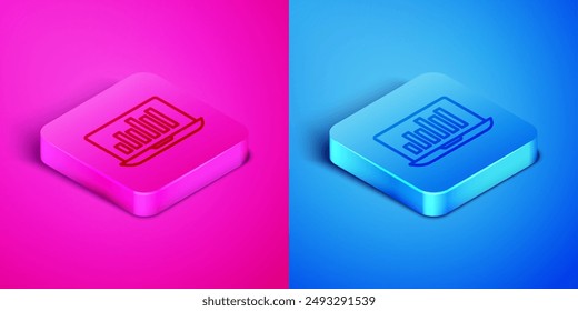 Isometric line Laptop with graph chart icon isolated on pink and blue background. Report text file icon. Accounting sign. Audit, analysis, planning. Square button. Vector