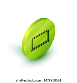Isometric line Laptop icon isolated on white background. Computer notebook with empty screen sign. Green circle button. Vector Illustration