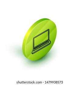 Isometric line Laptop icon isolated on white background. Computer notebook with empty screen sign. Green circle button. Vector Illustration