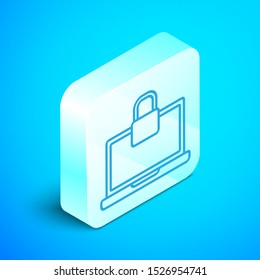 Isometric line Laptop and lock icon isolated on blue background. Computer and padlock. Security, safety, protection concept. Safe internetwork. Silver square button. Vector Illustration