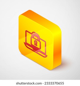Línea isométrica Portátil e icono de bloqueo aislados en fondo gris. Ordenador y candado. Seguridad, seguridad, concepto de protección. Internet seguro. Botón cuadrado amarillo. Vector