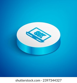 Isometric line Laptop screen with 8k video technology icon isolated on blue background. White circle button. Vector