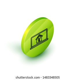 Isometric line Laptop with smart house and light bulb icon isolated on white background. Green circle button. Vector Illustration