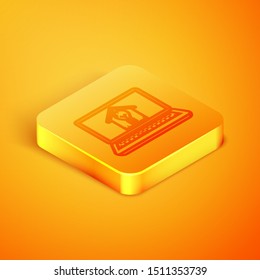 Isometric line Laptop with smart house and light bulb icon isolated on orange background. Orange square button. Vector Illustration