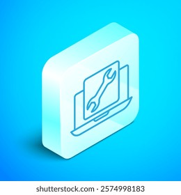 Isometric line Laptop with wrench icon isolated on blue background. Adjusting, service, setting, maintenance, repair, fixing. Silver square button. Vector