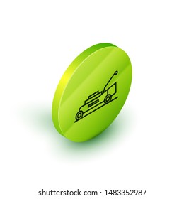Isometric line Lawn mower icon isolated on white background. Lawn mower cutting grass. Green circle button. Vector Illustration