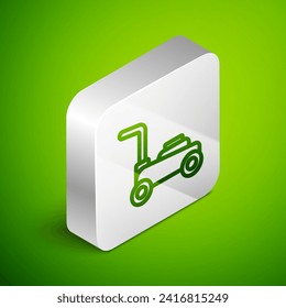 Isometric line Lawn mower icon isolated on green background. Lawn mower cutting grass. Silver square button. Vector