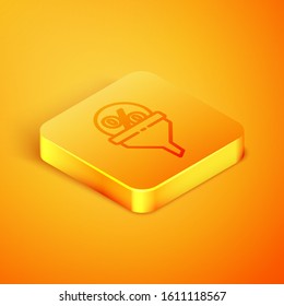 Isometric line Lead management icon isolated on orange background. Funnel with discount percent. Target client business concept. Orange square button. Vector Illustration