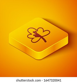 Isometric line Leaf icon isolated on orange background. Leaves sign. Fresh natural product symbol. Yellow square button. Vector Illustration