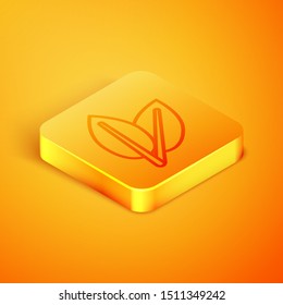 Isometric line Leafs icon isolated on orange background. Fresh natural product symbol. Orange square button. Vector Illustration