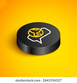 Isometric line Learning foreign languages icon isolated on yellow background. Translation, language interpreter and communication. Black circle button. Vector