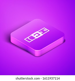 Isometric line Leather belt with buttoned steel buckle icon isolated on purple background. Purple square button. Vector Illustration