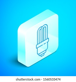 Isometric line LED light bulb icon isolated on blue background. Economical LED illuminated lightbulb. Save energy lamp. Silver square button. Vector Illustration
