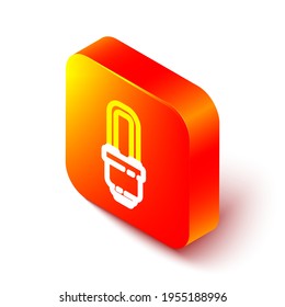 Icono de bombilla LED de línea isométrica aislado en fondo blanco. Bombilla de iluminación LED económica. Ahorra la lámpara de energía. Botón cuadrado naranja. Ilustración vectorial