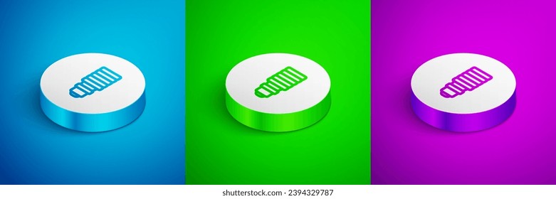 Icono de bombilla LED de línea isométrica aislado en fondo azul, verde y púrpura. Bombilla de iluminación LED económica. Ahorra la lámpara de energía. Botón Círculo blanco. Vector