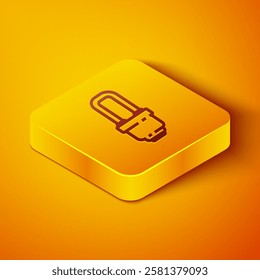 Isometric line LED light bulb icon isolated on orange background. Economical LED illuminated lightbulb. Save energy lamp. Yellow square button. Vector Illustration