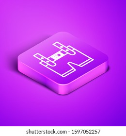 Isometric line Lederhosen icon isolated on purple background. Traditional bavarian clothing. Oktoberfest outfit. Pants with suspenders. Patrick day. Purple square button. Vector Illustration