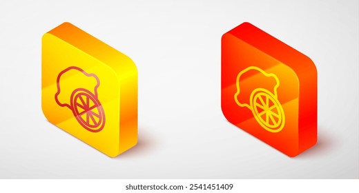 Isometrische Linie Zitronensymbol einzeln auf grauem Hintergrund. Gelber und orangefarbener quadratischer Knopf. Vektorgrafik