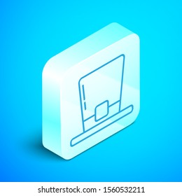 Isometric line Leprechaun hat icon isolated on blue background. Happy Saint Patricks day. Silver square button. Vector Illustration