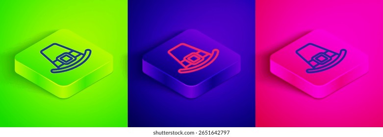 Isometric line Leprechaun hat icon isolated on green, blue and pink background. Happy Saint Patricks day. National Irish holiday. Square button. Vector