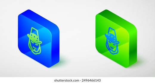 Isometric line Leprechaun icon isolated on grey background. Happy Saint Patricks day. National Irish holiday. Blue and green square button. Vector