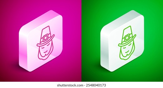 Icono de leprechaun de línea isométrica aislado sobre fondo rosa y verde. Feliz día de San Patricio. Fiesta nacional irlandesa. Botón cuadrado plateado. Vector