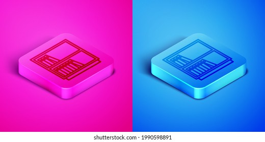 Isometric line Library bookestand icon aislado en fondo rosa y azul. Botón cuadrado. Vector