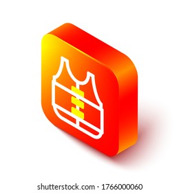 Isometrische Linie Schwimmweste Symbol einzeln auf weißem Hintergrund. Lebensweste-Symbol. Extremsport. Sportgeräte. Orangefarbene Quadrat-Taste. Vektorgrafik
