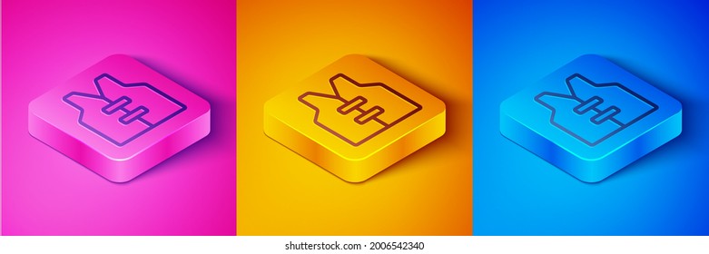 Isometric line Life jacket icon isolated on pink and orange, blue background. Life vest icon. Extreme sport. Sport equipment. Square button. Vector