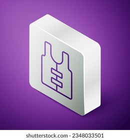 Isometric line Life jacket icon isolated on purple background. Life vest icon. Extreme sport. Sport equipment. Silver square button. Vector