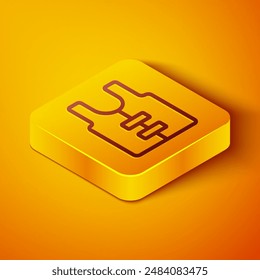 Isometric line Life jacket icon isolated on orange background. Life vest icon. Extreme sport. Sport equipment. Yellow square button. Vector