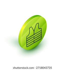 Línea isométrica icono de chaleco salvavidas aislado sobre fondo blanco. Icono de chaleco salvavidas. Deporte extremo. Equipamiento deportivo. Botón de círculo verde. Vector