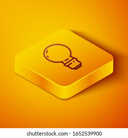 Isometric line Light bulb with concept of idea icon isolated on orange background. Energy and idea symbol. Inspiration concept. Yellow square button. Vector Illustration